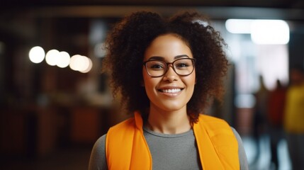 Wall Mural - Portrait of a young happy smiling African American black woman in an orange vest, glasses, with curly hair looking at camera in a cafe. Humanitarian social assistance, Charity, Volunteering concepts.