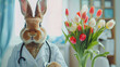 Easter rabbit doctor with stethoscope and bouquet of tulips in the hospital, light background