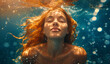 A beautiful red hair girl closing her eyes underwater 