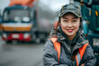 © Nataliia_Trushchenko - A woman in a safety vest and hat is smiling at the camera. She is standing next to a truck. Bussines asian women truck driver smiling wearing truck diver outfit with truck parked in the Background.