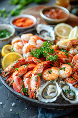 Wall Mural - Seafood Platter with Fresh Oysters and Prawns. An appetizing seafood platter featuring fresh oysters, prawns, lemon wedges, and cocktail sauce, ready to be enjoyed.