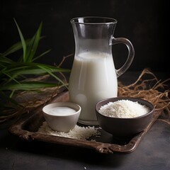 A pitcher of milk and two bowls of rice on a table.