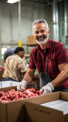 Wall Mural - A smiling, mature male volunteer puts donated food and water in boxes at the community center. Humanitarian social assistance, Charity, Volunteering concepts.