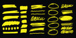 Marker highlighters underline round, punctuation marks, tick marks and sketch. Highlighters, hand drawn underline. Neon yellow. Vector on black background