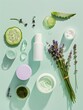 A collection of beauty products and herbs are displayed on a green background