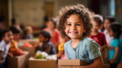 Wall Mural - Happy Little Children Volunteers put donated food and water in boxes at the distribution center. Humanitarian social assistance to the poor, homeless, refugees, Donation, Charity, Volunteering concept