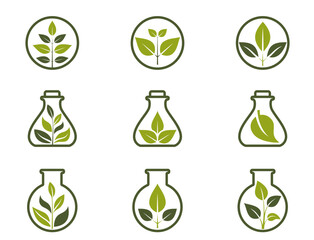 Wall Mural - organic icon set. green plant in flask and in a circle. isolated vector images in flat design