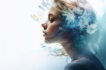 Wall Mural - Double exposure of nature landscape mountain forest and woman face made with generative AI