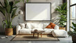 © FH Multimedia - Modern living room, Horizontal frame mockup, Blank artwork frame mockup on white room wall, Wooden one horizontal frame mockup on wooden cupboard, Blank picture frame mockup on a wall, Ai