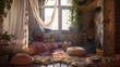A comfortable and inviting space for relaxation with a canopy, plush pillows, and fuzzy rugs near a