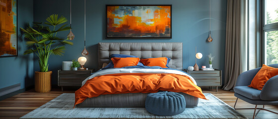 living room with a sofa and photo frame, Minimalist interior design with copy space and a bed with cushions, Boho interior design of modern bedroom. Grey bed with vibrant orange bedding , Ai generated