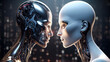 Two robots with human faces are facing each other in a cityscape