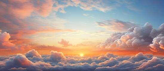 Wall Mural - Captured during a vibrant sunset display, a plane glides through the sky amidst thick, picturesque clouds