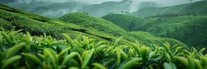 Wall Mural - Close-up of neatly trimmed tea bushes in a tea plantation