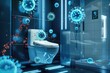 3D image of holographic viruses hovering around a smart toilet in a hightech bathroom, integrating the concept of advanced hygiene solutions with the ongoing presence of contamination risks