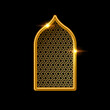 Islam window with pattern vector illustration isolated on black background. Oriental ornament, traditional Arabian design elements of decor, muslim gold frame