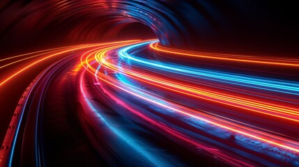 Wall Mural - Vector illustration showcases dynamic lights on a road, capturing long exposure car light trails in a tunnel at night.