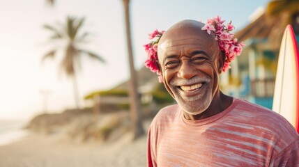 Wall Mural - A man wearing a flower headband is smiling on a beach