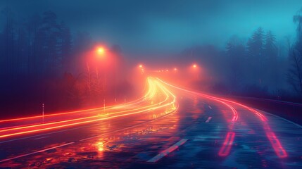 Wall Mural - Vector simulation portrays the long exposure effect of night traffic.