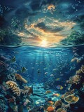 Fototapeta Do akwarium - Dive into the unknown with a side view design revealing the mysterious depths of the ocean Capture the eerie beauty and allure of the underwater world in stunning detail