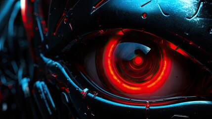 Wall Mural - Close-up eye of evil skeleton robot in metal armor. Skull of futuristic cyborg. Technology, robotics, artificial intelligence and future concept.