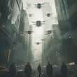 Evoke the spirit of defiance against surveillance in a dystopian world through a captivating low-angle shot of individuals sneaking past security drones Portray stealth and courage as they outmaneuver