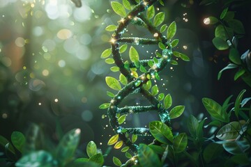 A digitally rendered DNA helix surrounded by green plant leaves