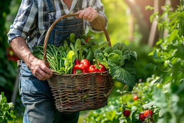 A Farmer carrying a large basket of diverse fresh vegetables in a lush green garden