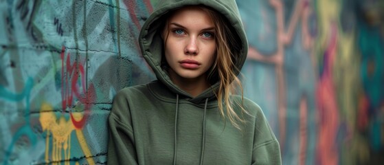 young woman with a green hoodie and a wall with graffiti in the background. girl stays outdoor against graffiti wall, exuding urban chic.. Clothing mockup. Generative ai