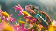 A vividly colored chameleon perched on a bright daisy