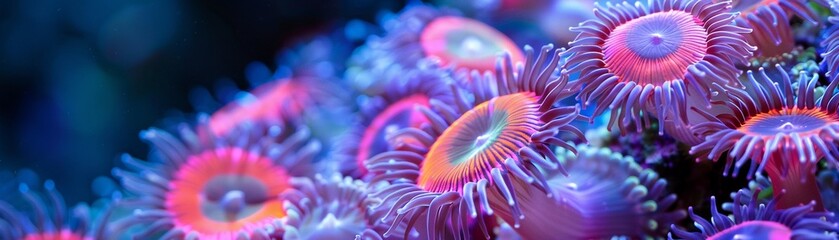 A Vibrant close-up of sea anemones with glowing centers in an underwater aquatic setting.