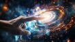 An abstract concept image showing a human finger touching swirling cosmic particles
