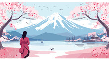 Vector Image Of Woman Near Sakura Blossom With Fuji 