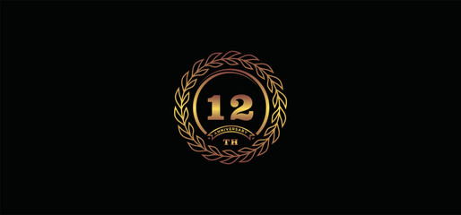 12st anniversary logo with ring and frame, gold color and black background