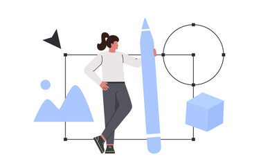 Woman illustrator working in vector graphics editor or design program with huge stylus pen. Creative process of making vector illustration for web ui design or 3d graphics.