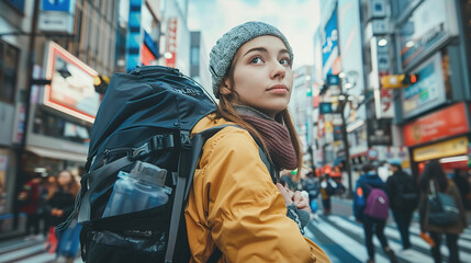 Wall Mural - female tourist backpacker with the shopping street in Tokyo, Japan as background. Concept of travel, vacation, tourism and holiday.