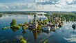 This is an aerial view of the flooded Kalyazin bell tower in Kalyazino, Russia, with the waters of