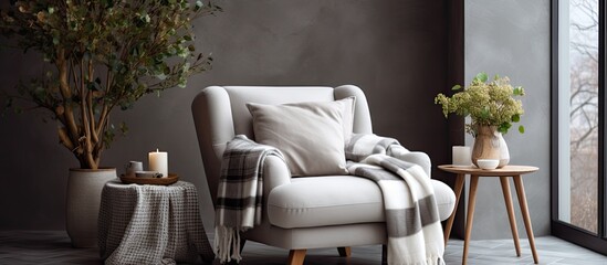 Wall Mural - White chair with cozy blanket and lit candle placed on a wooden table in a serene setting