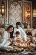 © shintartanya - Iftar Ramadan, Muslim family celebrate Ramadan with their children, with a BASKET of fruits, MILK AND biriyani, warm colors, religious Islam holiday of Ramadan, Bayram