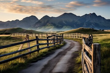 Wall Mural - A dirt road winds through a grassy field with mountains in the distance