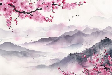 Wall Mural - A beautiful watercolor painting of a mountain landscape with pink flowers. Perfect for nature lovers and home decor