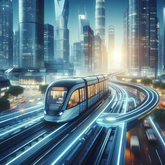 Wall Mural - Urban mobility future - tram, metro, subway in futuristic city.