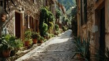 Fototapeta Uliczki - A charming narrow street lined with potted plants. Perfect for travel blogs