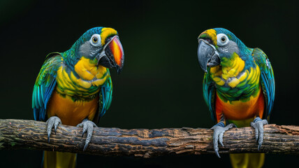 Wall Mural - Two parrots are perched on a branch, one of which is looking at the camera. The birds are brightly colored and seem to be enjoying their time on the branch. realistic photo of two Toucan parrots