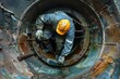 © Fotograf - Man wearing yellow hard hat inside pipe, suitable for construction industry projects