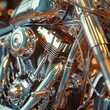 Close-up of a motorcycle's polished chrome engine, showcasing the intricate details and mechanical complexity of its design.
