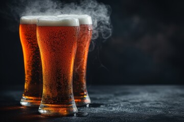 Three glasses of cold beer with foam and condensation on a dark background