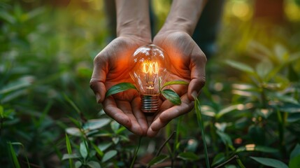 Two hands cradle a glowing light bulb among lush greenery, symbolizing eco-friendly energy and sustainable living ideas.