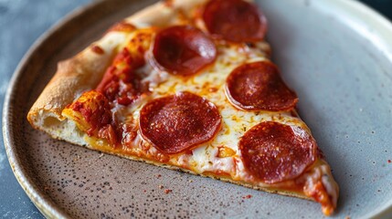 A delicious slice of pepperoni pizza on a plate. Perfect for food and restaurant concepts