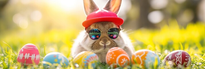 Wall Mural - funny Easter bunny with sunglasses and cap sits in the grass with colourful Easter eggs